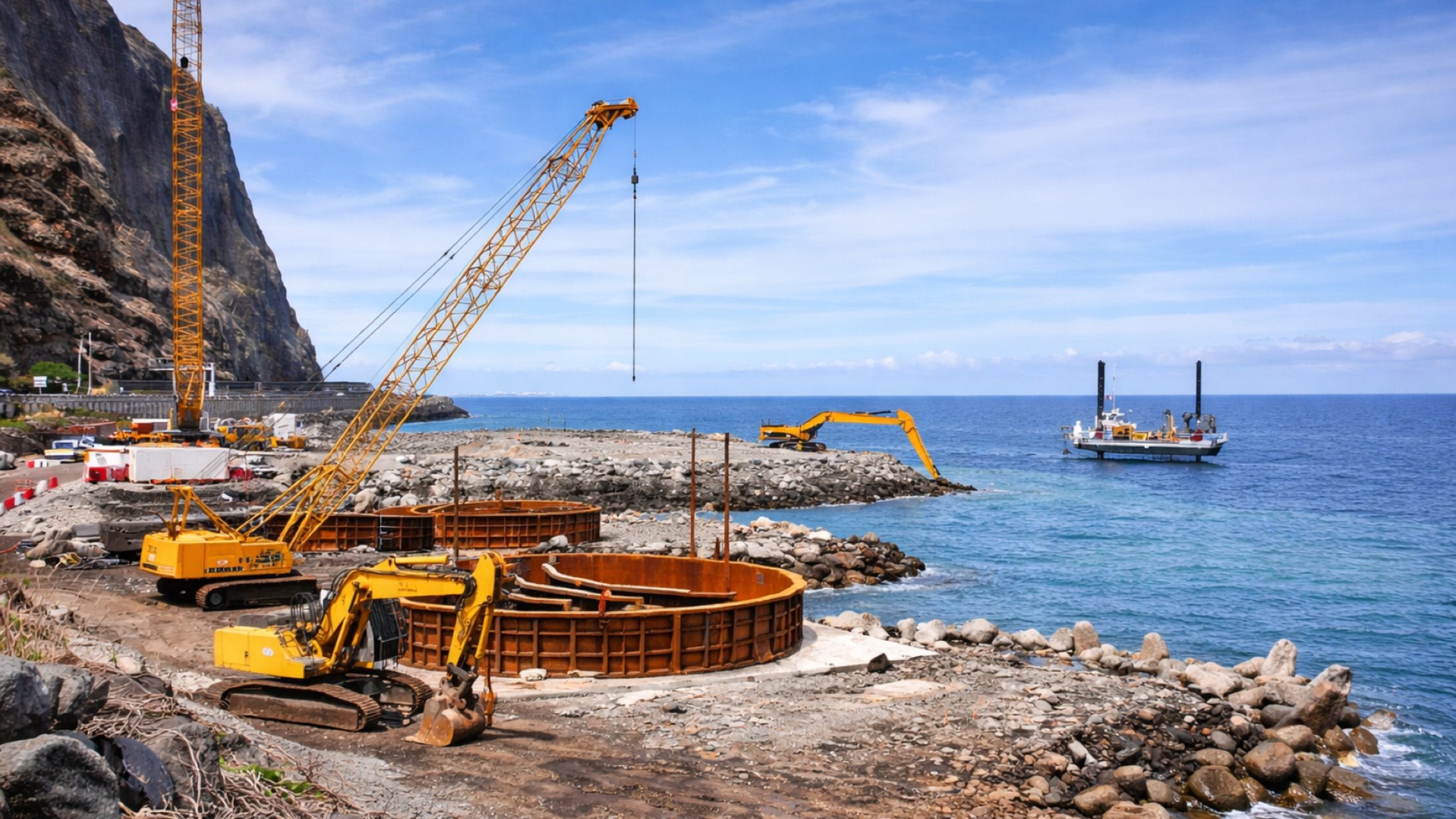 Marine works operation: coastal crane and offshore vessel